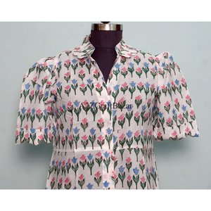 Robe trapèze mi-longue en coton indien imprimé à la main, col en V, manches courtes, pour femme, idéale pour les fêtes, les vacances d'été à la plage - Product Image 2