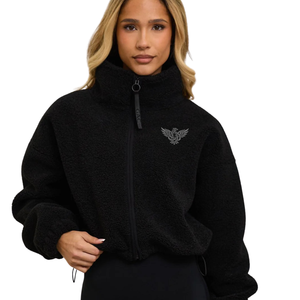 Veste Courte Femme Personnalisée en Polaire Sherpa Tricotée Noire, Chaude et Douce, à Demi-Zip, Pull Décontracté d'Hiver pour l'Extérieur, Confortable et Moelleuse avec Logo sur le Devant - Product Image 1