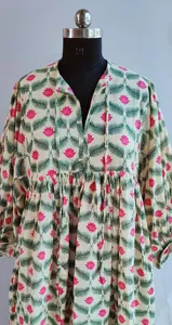 Bohemian Floral Block Print Cotton Midi <b>Dress</b> With Puff Sleeve <b>Loose</b> Fit Tie Neck Summer <b>Dress</b> For Women - Product Image 5