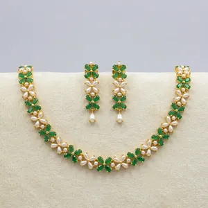 Indian Imitation <b>Pearl</b> Zircon <b>Necklace</b> Earring <b>Set</b> Wholesale for Women Gold Plated Copper Alloy Luxury Statement Wedding Fashion - Product Image 3