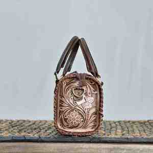 Bolso de Viaje de Cuero Genuino Walla para Mujer, con Panel Floral Repujado, Asas Dobles, Cierre de Cremallera, Resistente, de Hombro - Product Image 2