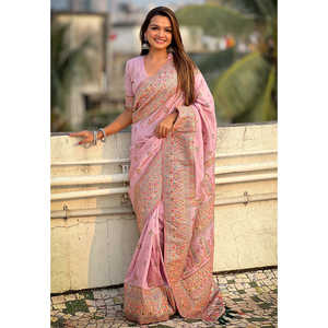 Sari en soie cachemire pashmina lavande tissé avec des fils zari, vêtements indiens et pakistanais, tissages d'élite, 700g - Product Image 4