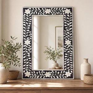 Miroir mural rectangulaire Art Déco avec incrustations noires et blanches, miroir décoratif encadré en verre pour la décoration intérieure - Product Image 1