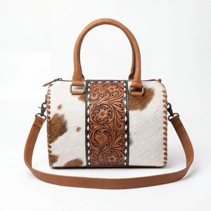 Brown Color Hand <b>Tooling</b> Florals Carved With Brown & White Hair On Hide Fur Genuine <b>Leather</b> Mini Speedy Duffle Bag Shoulder Bags - Product Image 1