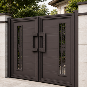 Puerta de entrada doble moderna de metal marrón oscuro con manijas geométricas, paneles decorativos recortados y diseños residenciales elegantes - Product Image 4