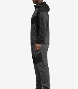 Ensemble de survêtement sportif pour homme, noir et gris, à blocs de couleur, avec sweat à capuche zippé à manches longues et pantalon, respirant, coupe classique, pour l'automne - Product Image 4