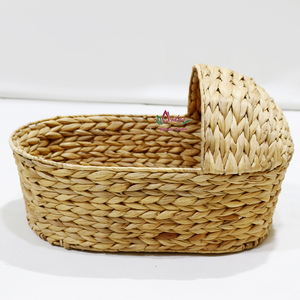 Handmade Natural Water Hyacinth Woven Pet Bed Basket with Soft <b>Mat</b> Hooded Design - Product Image 3