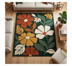 พรมขนสัตว์ทอมือลายดอกไม้ หรือ พรมลายดอกไม้สไตล์โมเดิร์นกลางศตวรรษ พื้นหลังสีเขียวเข้มลายดอกไม้สีส้มสนิม ให้ลุคหรูหรา - Product Image 1