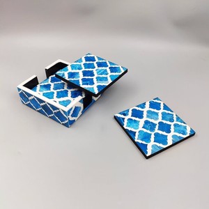 Resin Square <b>Coasters</b> <b>Set</b> with Storage Box Modern Navy Blue White Pattern Non-Slip Mats for Table Decoration - Product Image 5