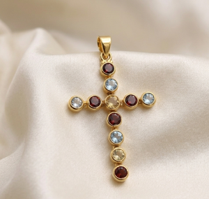 Colgante de Cruz de Plata de Ley 925 con Topacio Azul, Granate y Citrino, Joyería Religiosa Cristiana, Chapado en Oro Rosa - Product Image 4