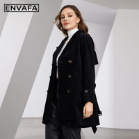 Manteau long croisé ENVAFA pour femme en velours côtelé respirant et à séchage rapide 100 % polyester avec ceinture