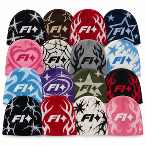 Gorros de punto jacquard personalizados al por mayor de doble cara con logo, gorros de invierno de acrílico estilo hip hop con diseño de telaraña, gorros con lazos de personajes de frutas. - Product Image 1