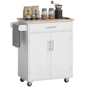 Carrello da Cucina Moderno Bianco con Isola, Armadietto con Cassetti, Portasciugamani, Portatile, Realizzato in Acciaio, Legno e MDF - Product Image 1