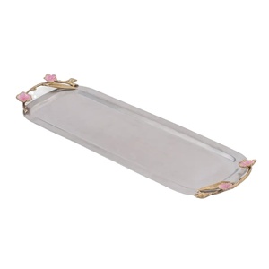 Plateau de service rectangulaire élégant en métal avec poignées en forme de branche florale rose, accessoires décoratifs pour la maison, la cuisine et la salle de bain à prix réduit - Product Image 1