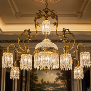 Lámpara de Araña de Cristal Dorado Antiguo, Lámpara de Techo Colgante de Lujo con Pantallas de Prisma para Decoración Interior de Villas y Hoteles - Product Image 1