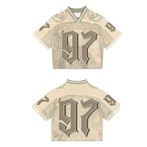 เสื้อฟุตบอลอเมริกันสีน้ำตาลสำหรับผู้ชาย หมายเลข 97 คอวี แขนสั้น ผ้าตาข่ายโพลีเอสเตอร์ระบายอากาศได้ดี แบบซับลิเมชั่น ชุดยูนิฟอร์มทีมแบบสั่งทำ - Product Image 4