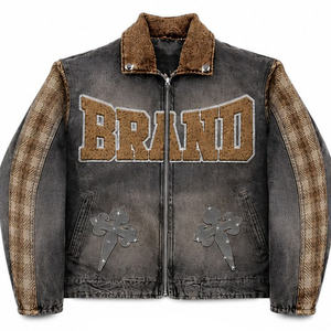 Custom Grey Denim <b>Jacket</b> And Jeans Set With <b>Rhinestone</b> Cross Print And Plaid Panel Design Tracksuit For Unisex - Product Image 4