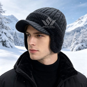 Gorro de Lana Trenzada para Hombre Sparkwell Industry, Forrado de Terciopelo Ártico, Gorro de Punto Cálido para Invierno, Color Sólido, Talla Adulto 56-58cm - Product Image 4