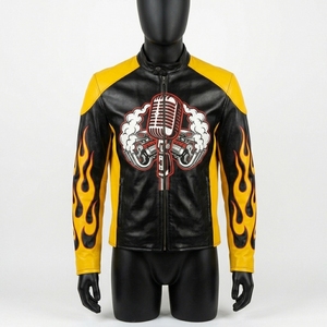<b>Yellow</b> Distressed Quarantine Zone Zombie Outbreak Biker Leather Jacket Danger Caution Graphic Men Outerwear <b>Coat</b> - Product Image 1