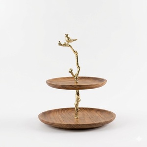 Luxury 2-Tier Acacia Wood Cake Stand With Gold Tulip Aluminum Handle Modern Dessert Display <b>Tray</b> For Wedding And Hotel Buffet - Product Image 3