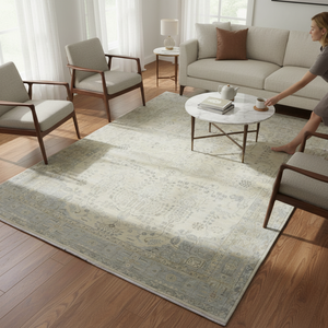 Tapis d'appoint en pure laine noué à la main, gris neutre, motif floral oriental, pour salon moderne - Product Image 1