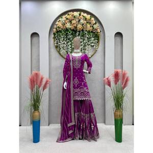 Salwar Kameez de Seda Morada RTC para Fiesta, Talla XL, Conjunto de Top, Pantalón y Dupatta con Bordado de Hilo y Lentejuelas - Product Image 6