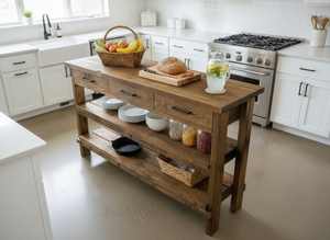 โต๊ะครัวไม้สไตล์ชนบททำมือ พร้อมลิ้นชักสามช่อง ชั้นวางสองชั้นกว้างขวาง และไม้เนื้อแข็งหนา - Product Image 3