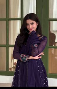 Purple Embroidered Anarkali <b>Suit</b> <b>For</b> <b>Women</b> Traditional Indian Pakistani Style Floor-Length Casual Wear Polyester <b>Dress</b> - Product Image 4