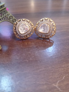 White Polki Stone Gold Plated <b>Silver</b> <b>Stud</b> <b>Earrings</b> for Indian Wedding Ethnic Party Gift Oval Shape Women's Jewelry - Product Image 2