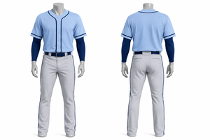 Ensemble de vêtements de sport pour joueurs professionnels, uniforme de baseball personnalisé pour hommes, maillot bleu clair, bordure marine, pantalon gris, ceinture marine - Product Image 1