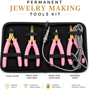 Pink Permanent Stainless Steel Jewelry Making Tool Kit with Flush <b>Cutter</b> Long Nose Short Nose Grounded Pliers - Product Image 1