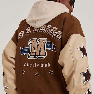 Best Selling Brown Varsity <b>Jacket</b> With Embroidered Letter M And <b>Stars</b> Hooded Preppy Style Cotton Polyester Blend Varsity <b>Jackets</b> - Product Image 3