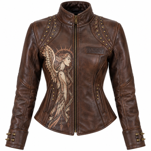 Chaqueta de cuero genuino para mujer, color marrón desgastado, estilo motero, con estampado personalizado de diosa alada, mangas con tachuelas de latón y detalles de púas. - Product Image 1