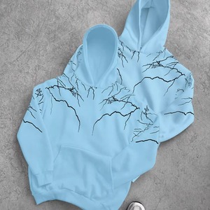 Sweat-shirts à capuche graphiques beiges pour hommes, vente en gros, coupe oversize, avec imprimé éclair réfléchissant et poche, pour un usage décontracté - Product Image 5