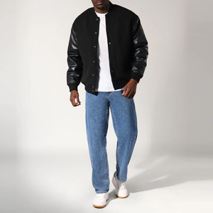Chaqueta Varsity Negra para Hombre, Cuello Alto, Impermeable, Color Sólido, Cierre de Botones, Ropa Casual de Invierno, Corte Regular - Product Image 3