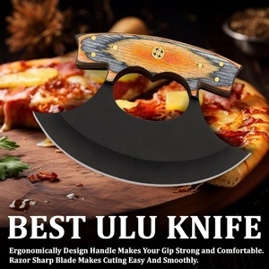 Coupe-pizza artisanal, couteau ULU avec lame en acier noir et manche en bois Pakka avec étui en cuir, pour couper la pizza, trancher le fromage - Product Image 2