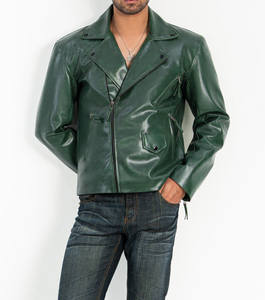 Men's <b>Vintage</b> Green Leather <b>Jacket</b> Cafe <b>Racer</b> Biker Coat Windproof Solid Color Streetwear Outerwear - Product Image 5