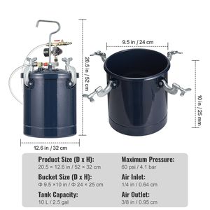 Serbatoio a Pressione per Vernice 10L/2.5gal, Pneumatico 60PSI Max, Due Ugelli, Due Pistole a Spruzzo 1.5mm+4mm - Product Image 5