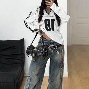 Jersey Oversize de Fútbol Americano para Mujer, Manga Larga, 100% Algodón, 300GSM, Estilo Urbano, Transpirable, Casual, con Ribetes - Product Image 3