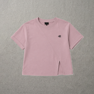 Top corto moderno color malva con costura diagonal, camisa de mujer con abertura lateral, top de punto personalizado de manga corta para uso diario. - Product Image 3