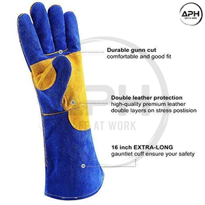 Guantes de Soldadura de Cuero Vacuno Azul con Refuerzo de Palma Amarilla, Resistentes al Calor, con Puño Largo, para Trabajo Pesado - Product Image 4