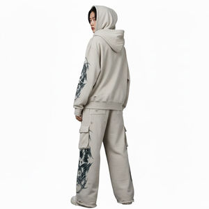 Ensemble de survêtement beige personnalisé : sweat à capuche et pantalon de jogging, motif graphique, streetwear décontracté, tenue de sport athlétique deux pièces - Product Image 2