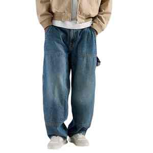 Pantalon cargo ample en denim de coton délavé coupe décontractée, pantalon cargo personnalisé, jean pour homme, pantalon de charpentier avec poches 3D - Product Image 3