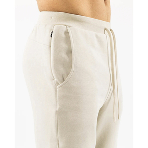 Pantalon de jogging en coton beige pour homme, taille élastique, cordon de serrage, poches latérales, style décontracté streetwear, idéal pour l'automne - Product Image 4