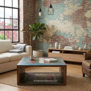 Durable <b>Coffee</b> <b>Table</b> From Reclaimed Old Boat Wood With Authentic Vintage Colors And Open Storage Shelf Design Indoor Living Room - Product Image 4