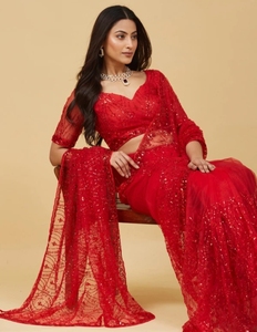 KV Embroidered Bollywood Net <b>Saree</b> (<b>Red</b>) - Product Image 5