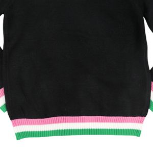 <b>Black</b> AKA V Neck Sweater With Pink Green Trim Embroidered Crest Pullover Knit <b>Top</b> Stylish Casual Apparel For Women - Product Image 6