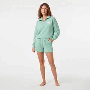 Conjunto de dos piezas de ropa de invierno para mujer, top de media cremallera estilo streetwear y pantalones cortos a juego con cordón, 100% algodón polar, corte relajado. - Product Image 3