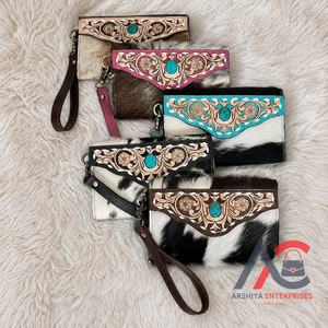 OEM & ODM New Tooled Cowhide Leather Wristlet Clutch Western Floral Wallet Turquoise Concho Design Hair On Hide Purse Trendy <b>Bag</b> - Product Image 1