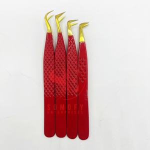 Somofy Enterprises, pinzas para pestañas de mega volumen, puntas doradas de Color rojo de 90 grados, acero inoxidable sólido recubierto de polvo ecológico - Product Image 1